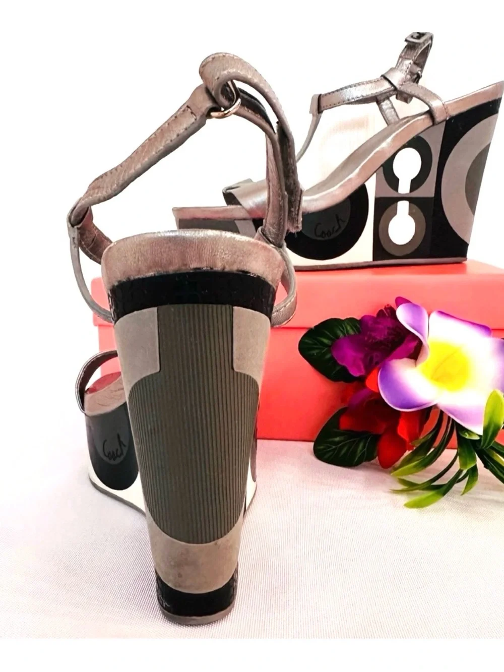 COACH ~ Chic Silver Adjustable Velcro Straps Wedge Sandals w/ Coach Logo size 7